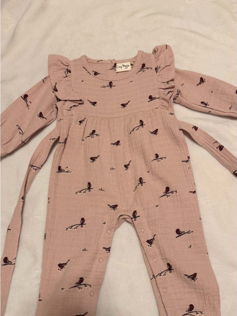 City Mouse Mauve Bird Print Ruffle Long-Sleeve Romper